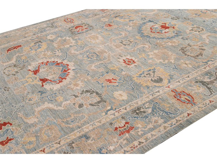 Modern Sultanabad Handmade Blue Floral Wool Rug