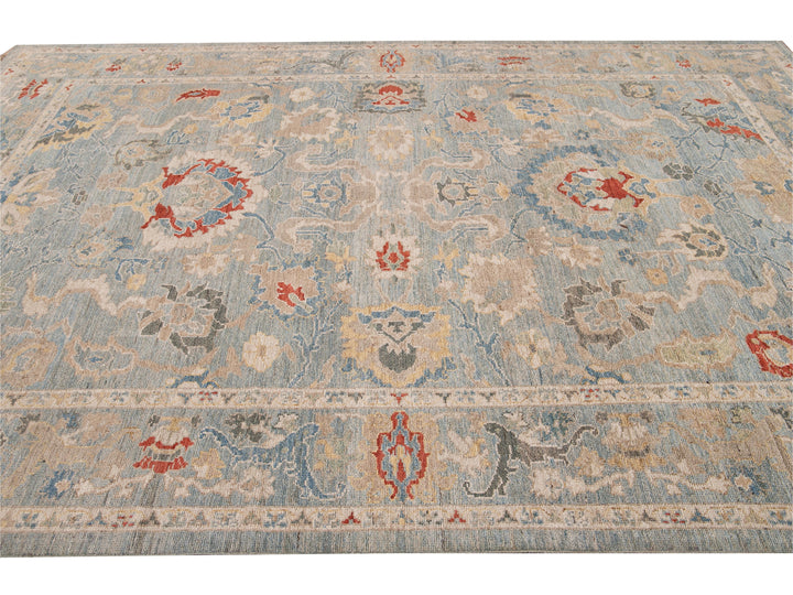 Modern Sultanabad Handmade Blue Floral Wool Rug