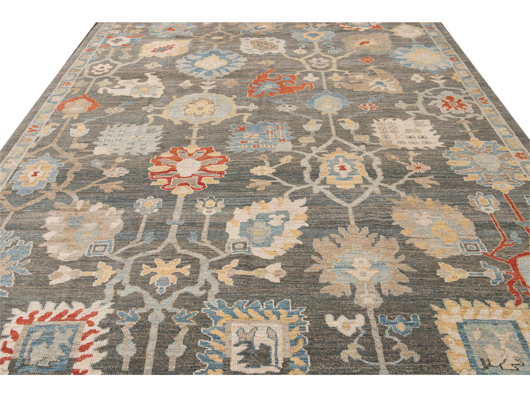 Modern Sultanabad Gray Handmade Floral Designed Wool Rug