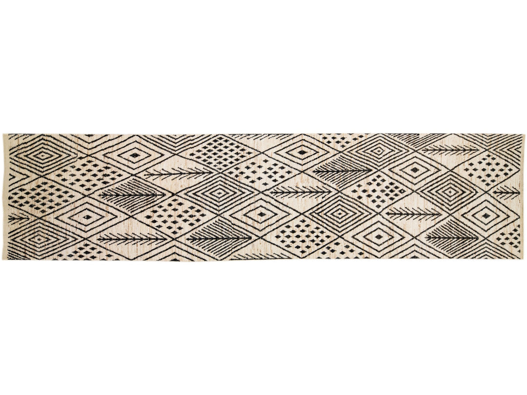 Modern Moroccan Style Handmade Ivory Wool Runner with Tribal Design