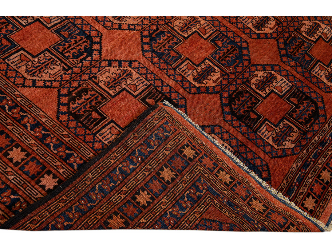 Orange Vintage Persian Turkmen Handmade Geometric Pattern Wool Rug