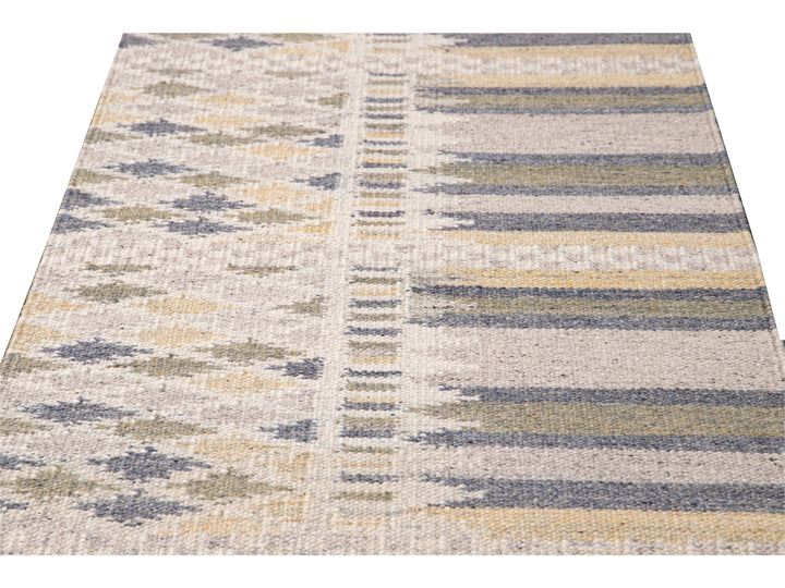 Modern Swedish Style Gray and Beige Handmade Geometric Abstract Long Wool Runner