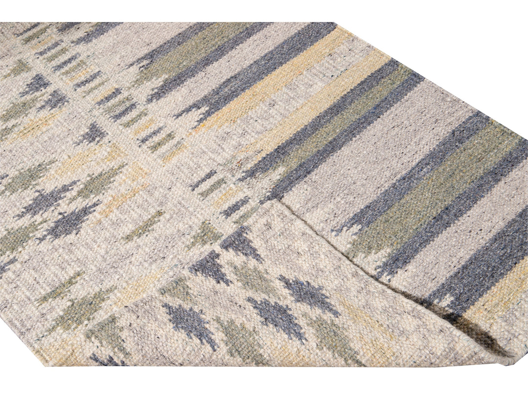 Modern Swedish Style Gray and Beige Handmade Geometric Abstract Long Wool Runner