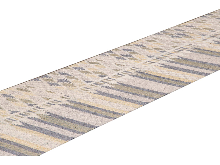 Modern Swedish Style Gray and Beige Handmade Geometric Abstract Long Wool Runner