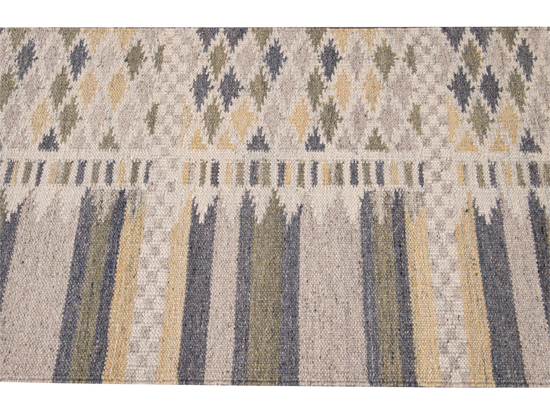 Modern Swedish Style Gray and Beige Handmade Geometric Abstract Long Wool Runner