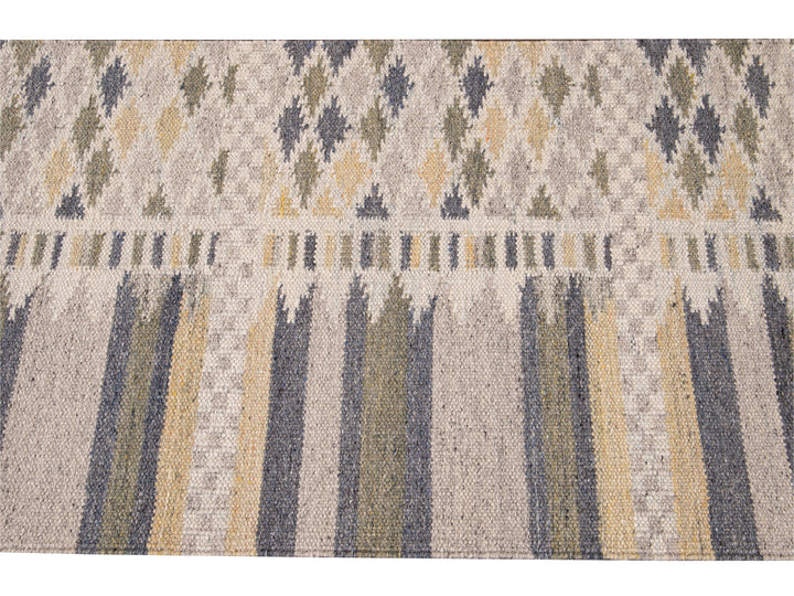 Modern Swedish Style Gray and Beige Handmade Geometric Abstract Long Wool Runner