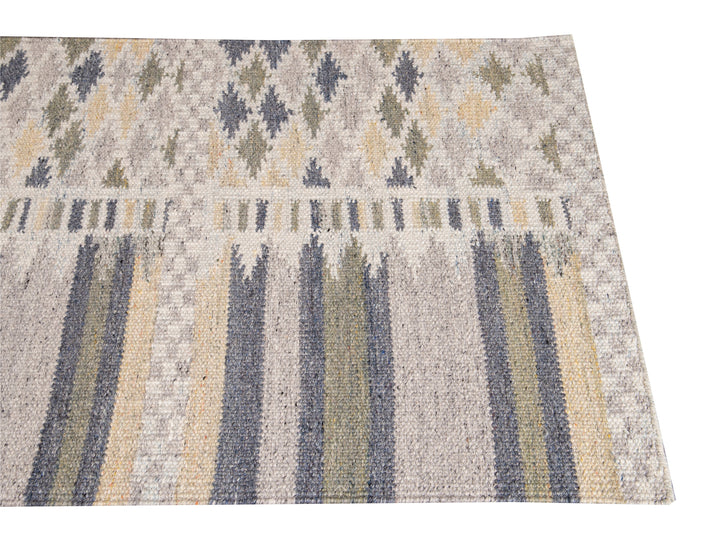 Modern Swedish Style Gray and Beige Handmade Geometric Abstract Long Wool Runner