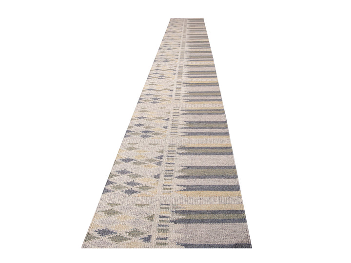Modern Swedish Style Gray and Beige Handmade Geometric Abstract Long Wool Runner