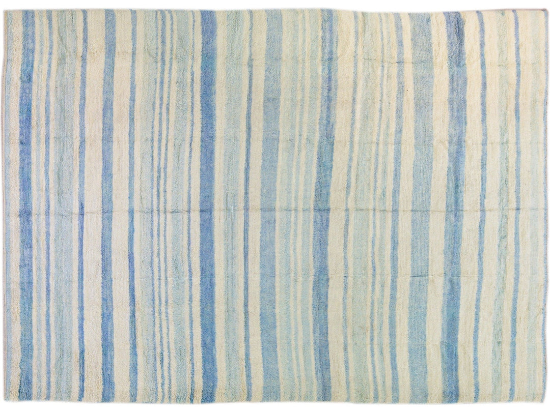 Modern Moroccan Style Handmade Stripe Pattern Ivory And Blue Wool Rug