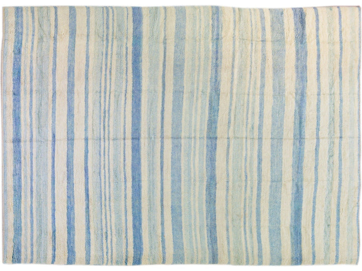 Modern Moroccan Style Handmade Stripe Pattern Ivory And Blue Wool Rug