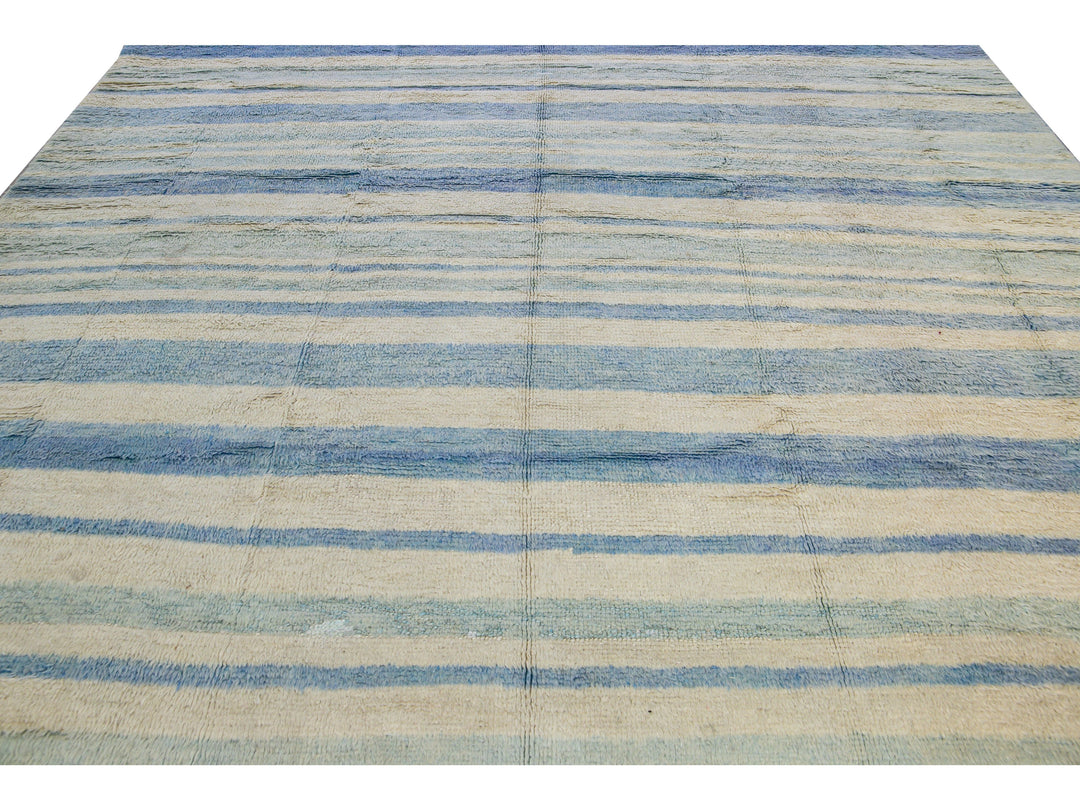 Modern Moroccan Style Handmade Stripe Pattern Ivory And Blue Wool Rug
