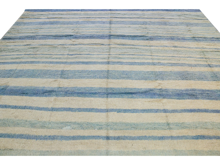 Modern Moroccan Style Handmade Stripe Pattern Ivory And Blue Wool Rug