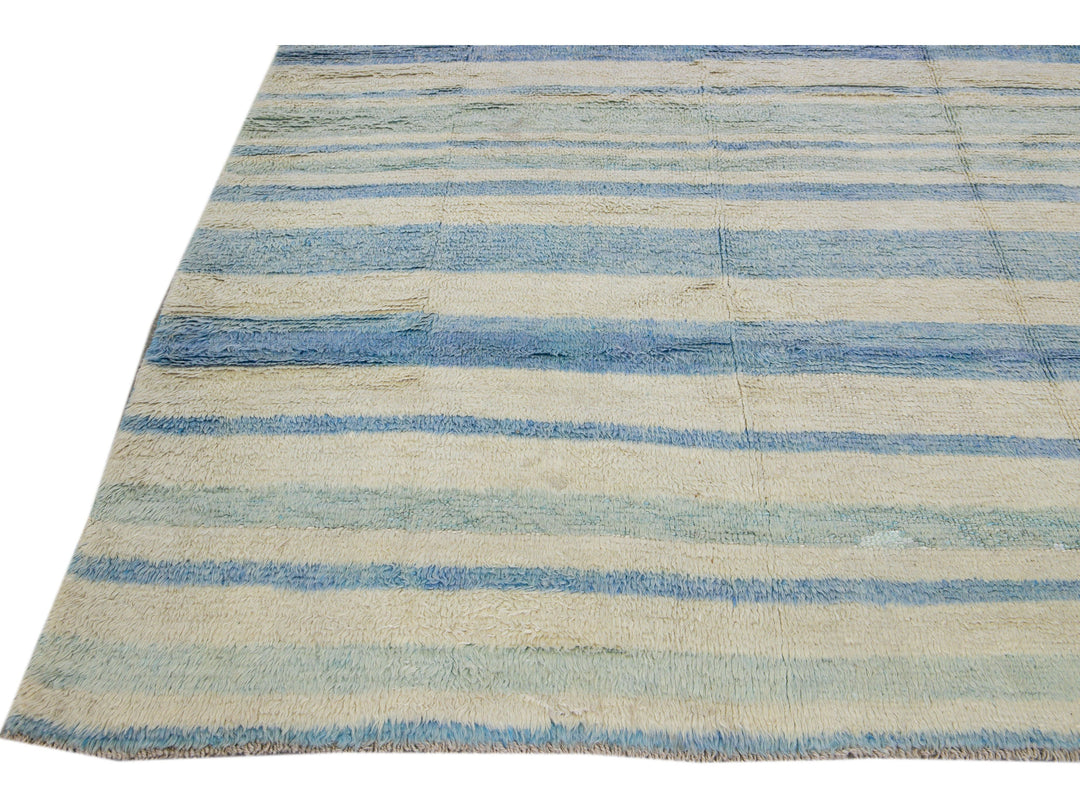 Modern Moroccan Style Handmade Stripe Pattern Ivory And Blue Wool Rug