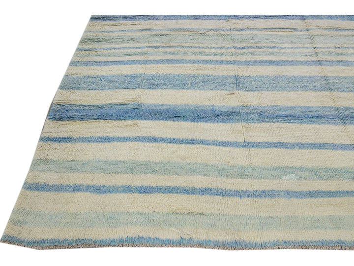 Modern Moroccan Style Handmade Stripe Pattern Ivory And Blue Wool Rug