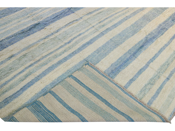 Modern Moroccan Style Handmade Stripe Pattern Ivory And Blue Wool Rug
