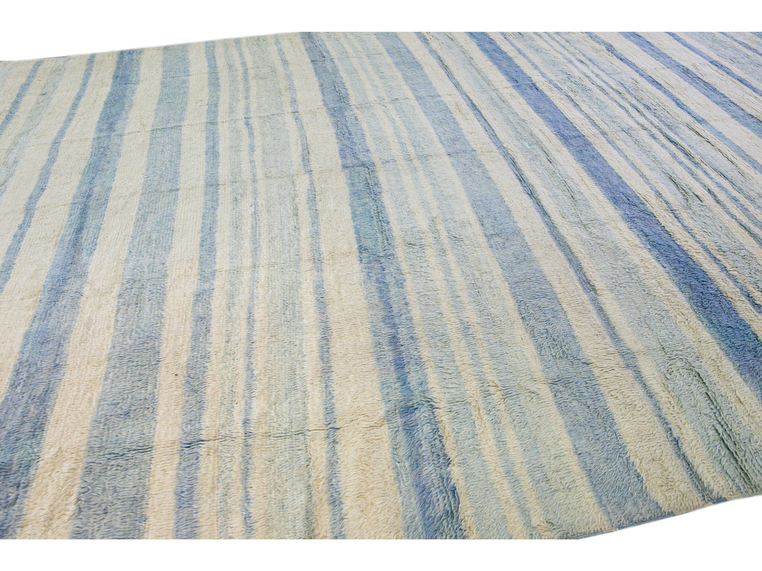 Modern Moroccan Style Handmade Stripe Pattern Ivory And Blue Wool Rug