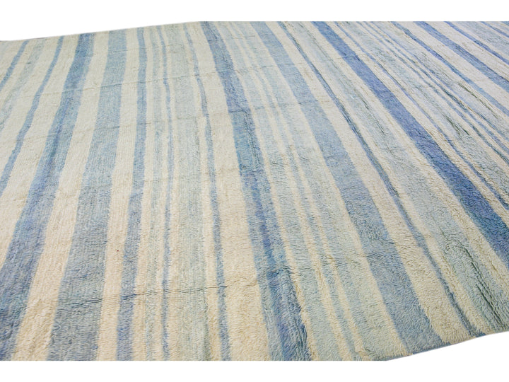 Modern Moroccan Style Handmade Stripe Pattern Ivory And Blue Wool Rug