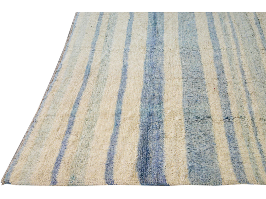 Modern Moroccan Style Handmade Stripe Pattern Ivory And Blue Wool Rug