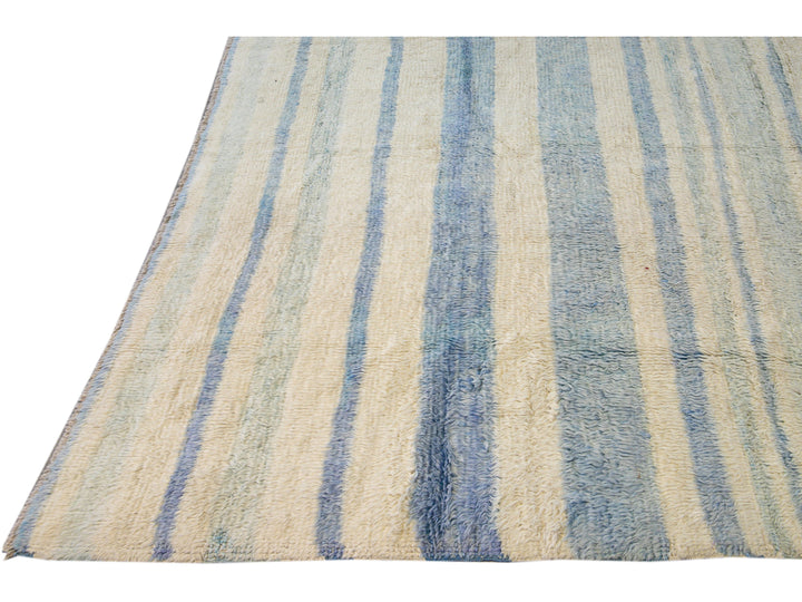 Modern Moroccan Style Handmade Stripe Pattern Ivory And Blue Wool Rug