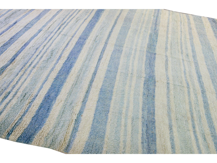 Modern Moroccan Style Handmade Stripe Pattern Ivory And Blue Wool Rug