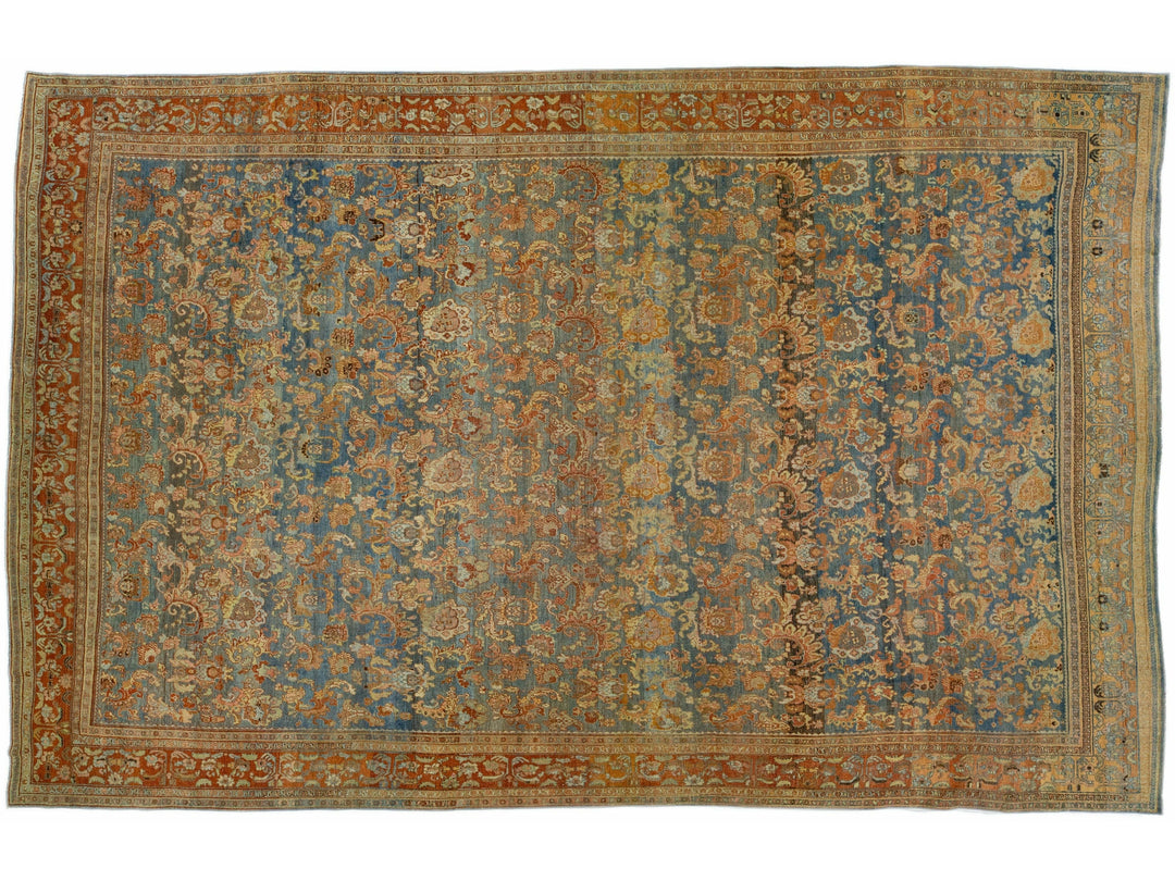 Antique Bidjar Handmade Floral Oversize Rust and Blue Wool Rug