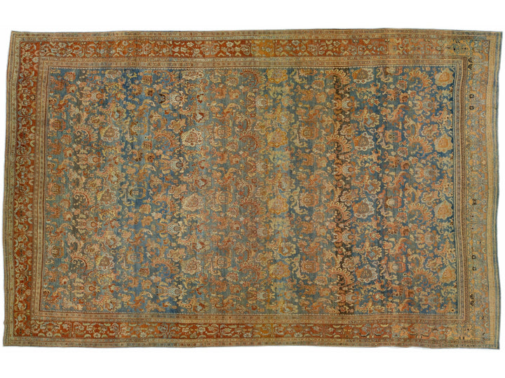 Antique Bidjar Handmade Floral Oversize Rust and Blue Wool Rug