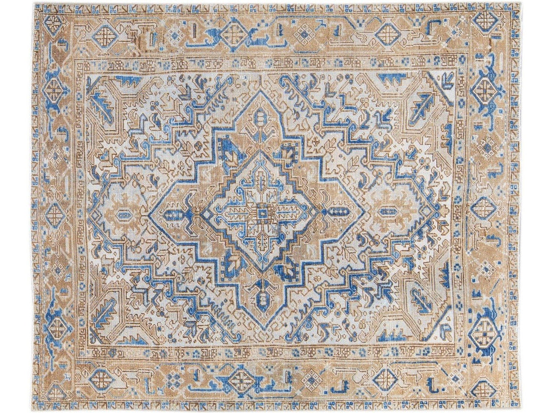 Antique Persian Heriz Beige and Blue Handmade Medallion Designed Wool Rug