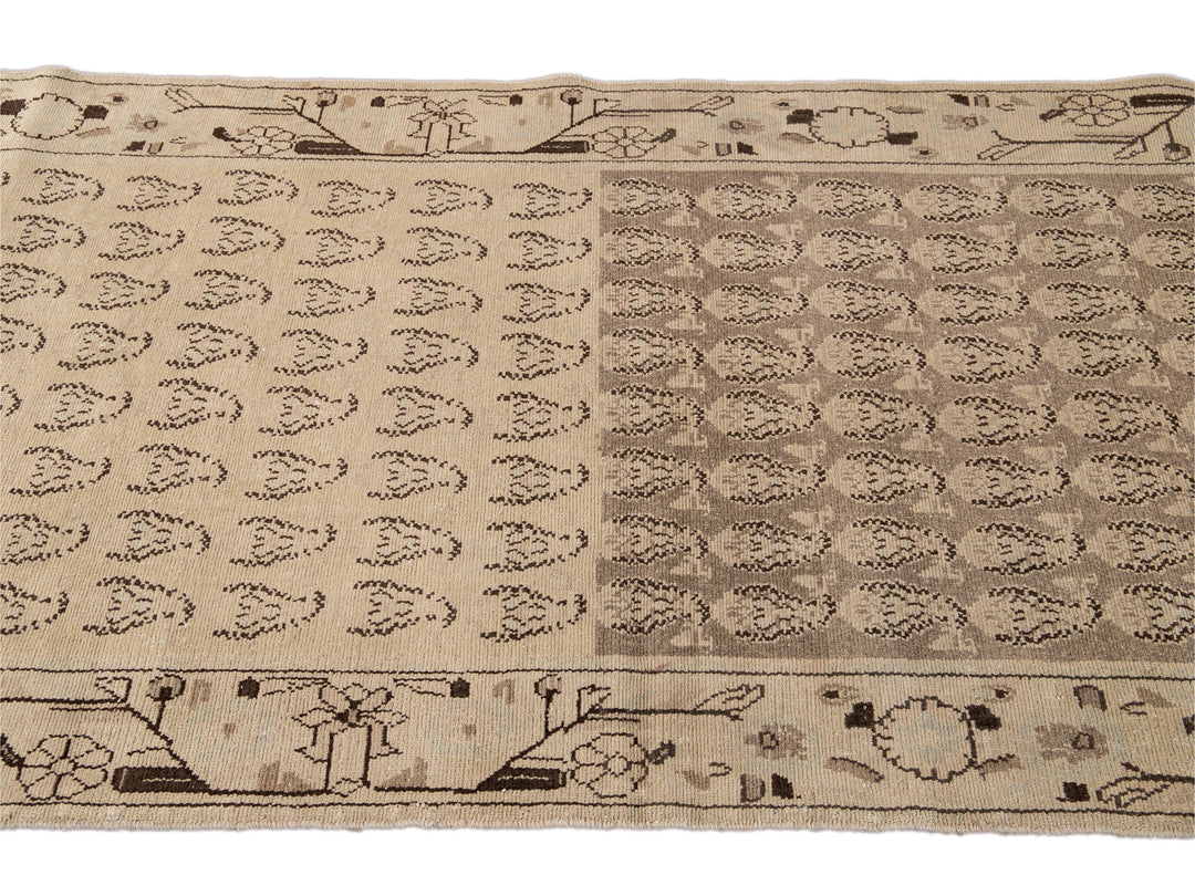 Vintage Persian Handmade Beige Geometric Pattern Wool Runner