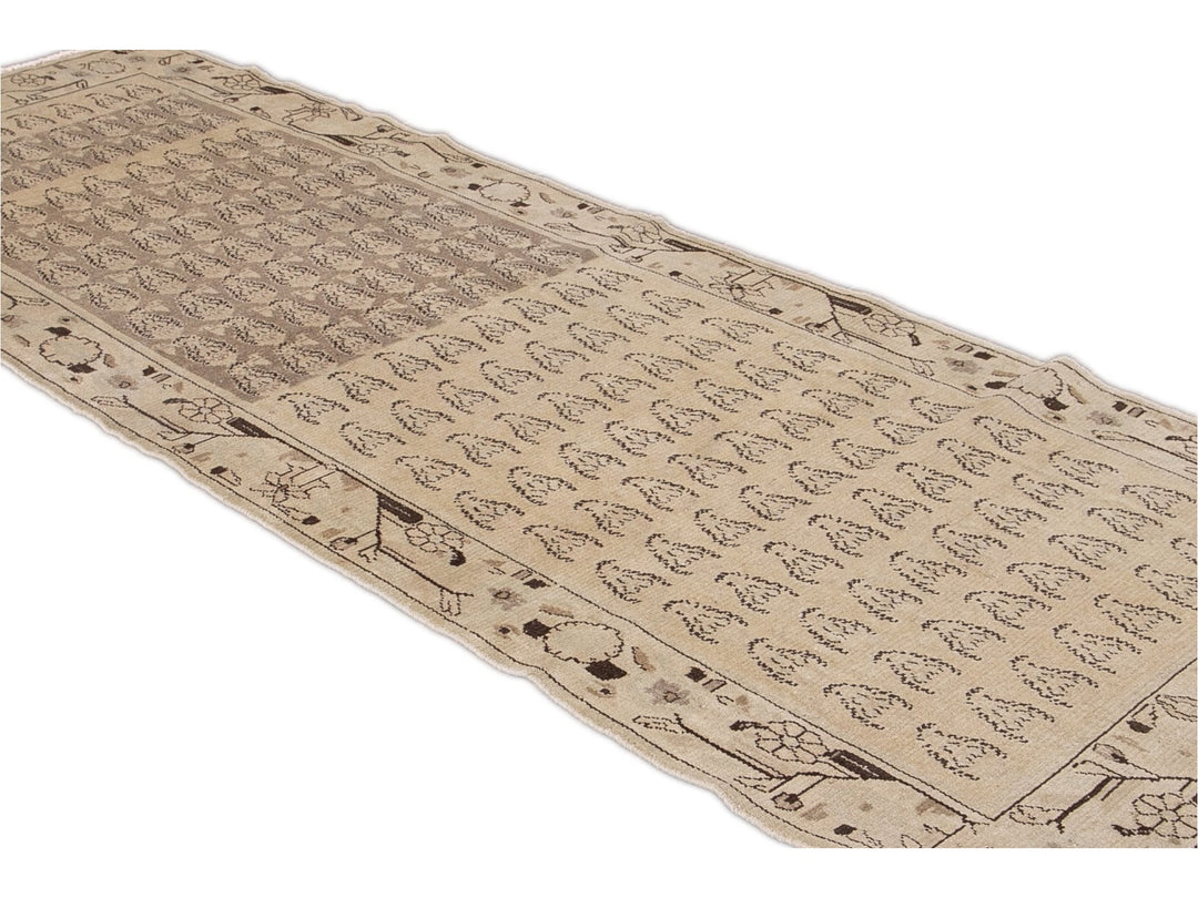 Vintage Persian Handmade Beige Geometric Pattern Wool Runner