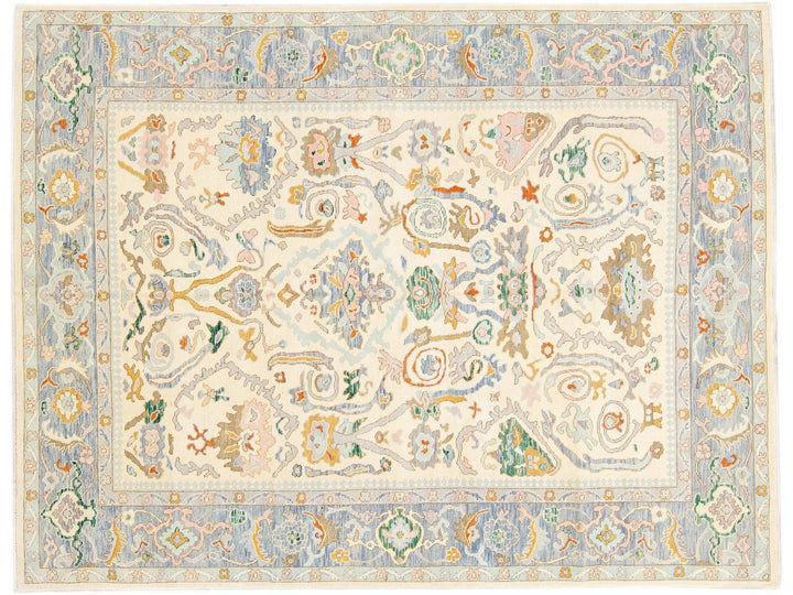 Beige Modern Oushak Handmade Floral Pattern Wool Rug