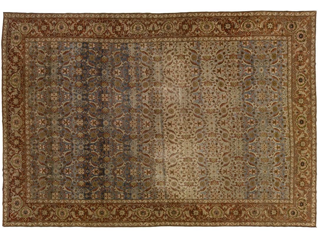 Antique Persian Tabriz Handmade Allover Floral Tan Wool Rug