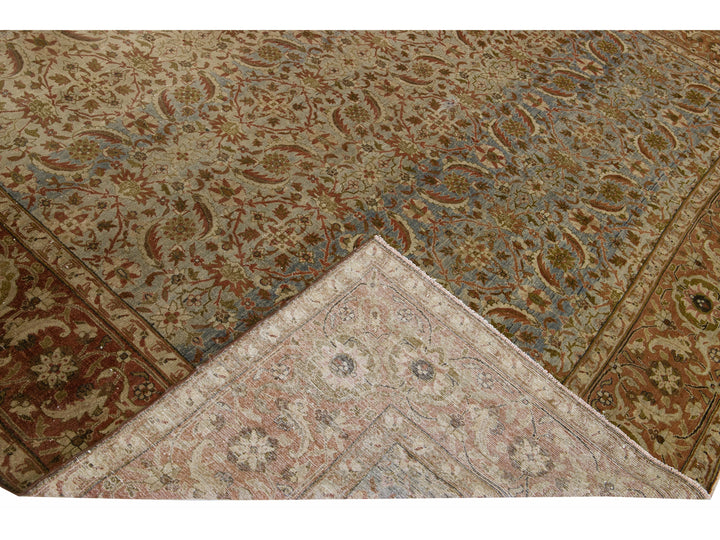 Antique Persian Tabriz Handmade Allover Floral Tan Wool Rug