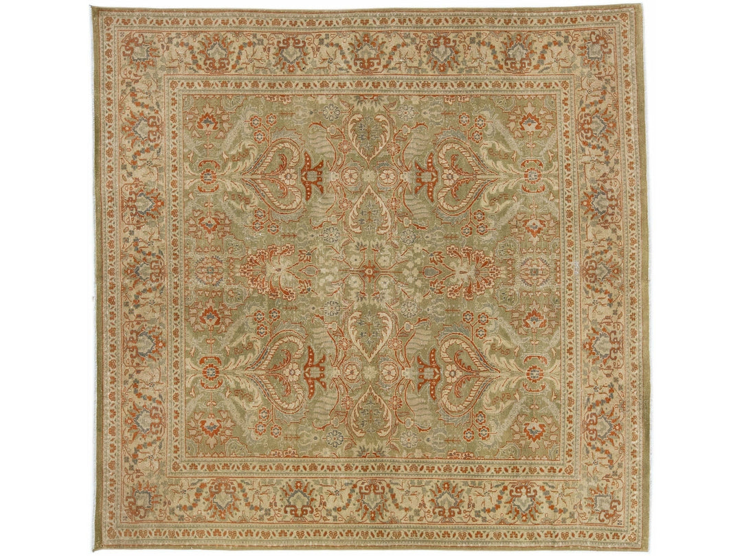 Green Antique Persian Mahal Handmade Square Wool Rug With Allover Floral Design