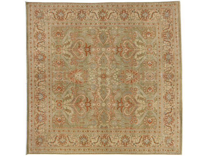 Green Antique Persian Mahal Handmade Square Wool Rug With Allover Floral Design