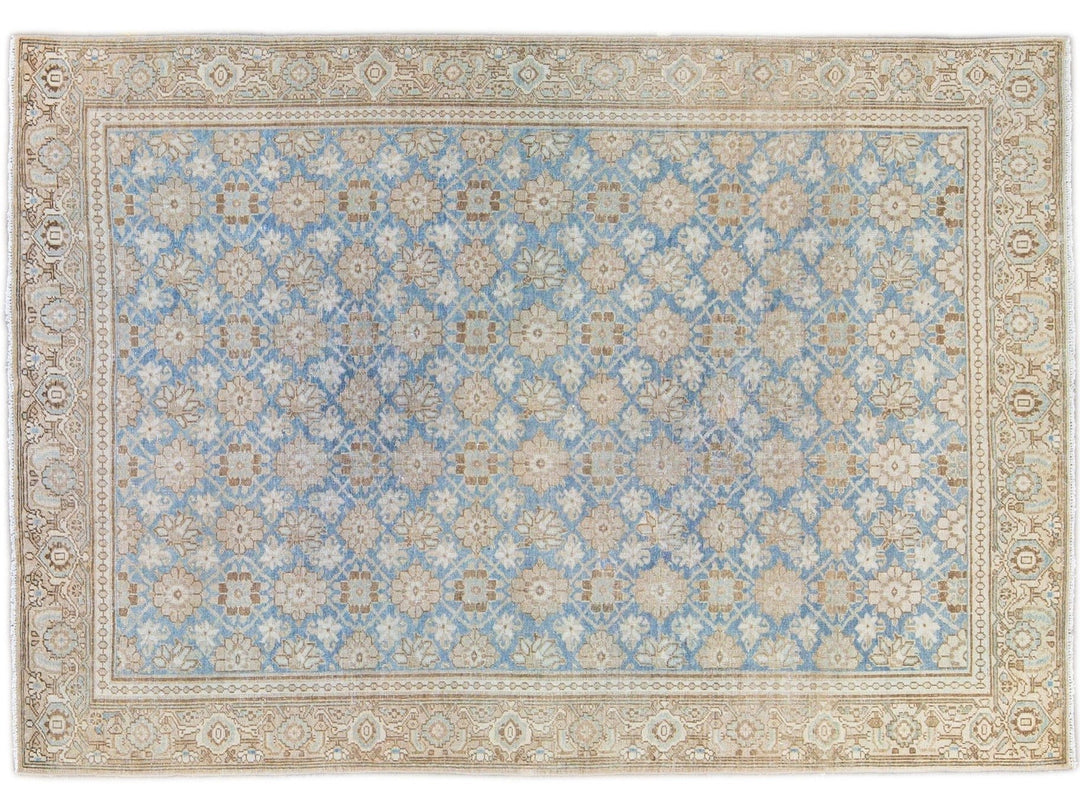 Antique Tabriz Persian Blue Handmade Floral Pattern Wool Rug