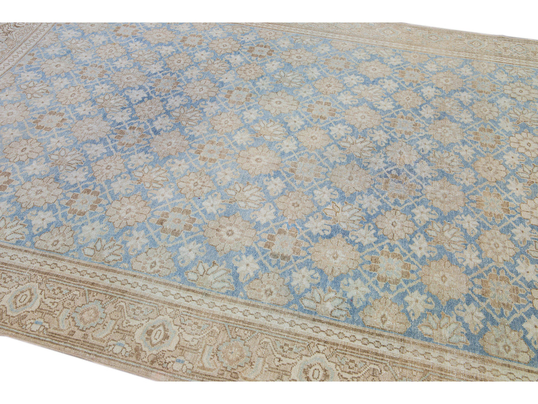 Antique Tabriz Persian Blue Handmade Floral Pattern Wool Rug