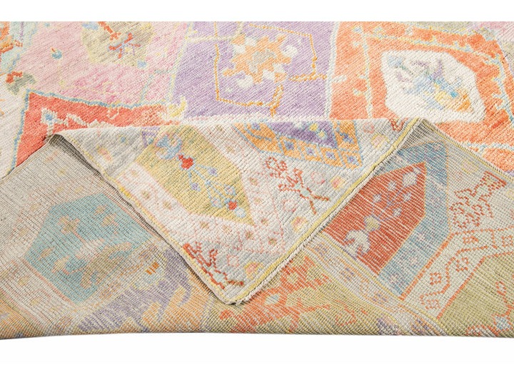 Modern Oushak Handmade Multicolor Geometric Designed Wool Rug