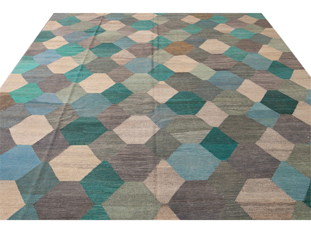Contemporary Multicolor Kilim Flatweave Geometric Wool Rug