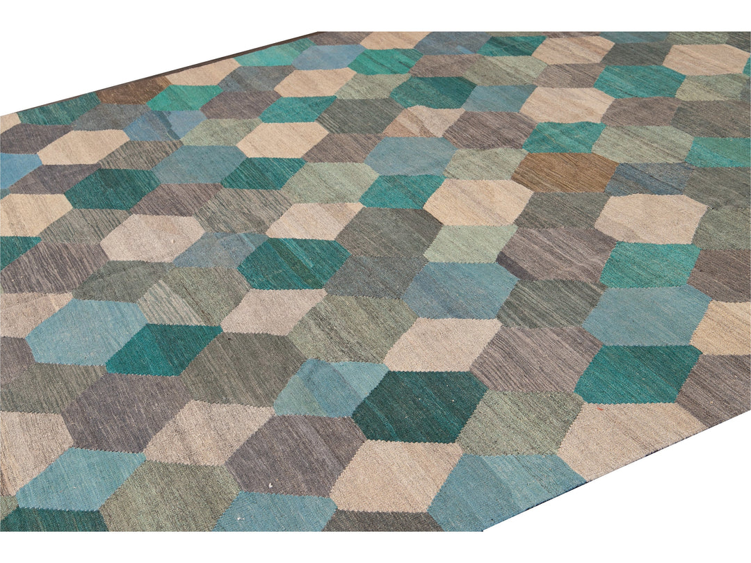 Contemporary Multicolor Kilim Flatweave Geometric Wool Rug