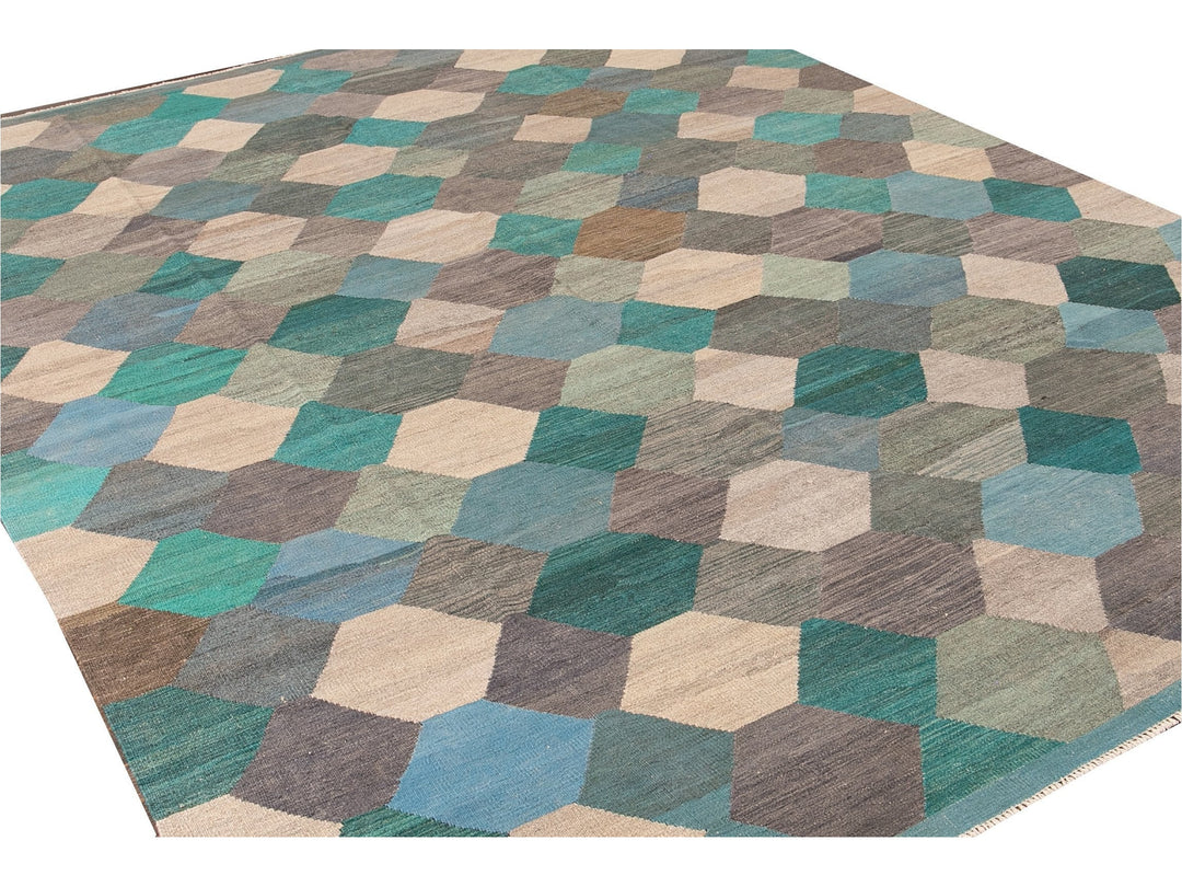Contemporary Multicolor Kilim Flatweave Geometric Wool Rug