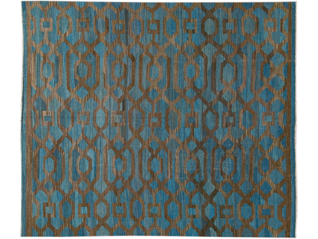 Modern Geometric Kilim Handmade Room Size Blue Wool Rug