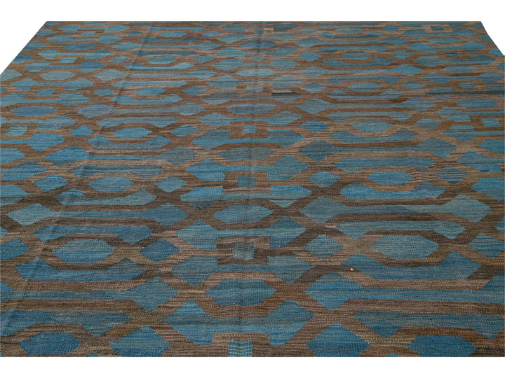 Modern Geometric Kilim Handmade Room Size Blue Wool Rug