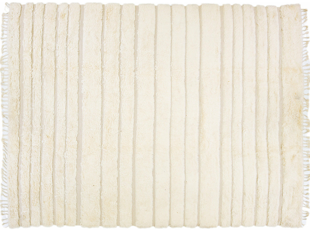 Modern Moroccan Style Handmade Beige Striped Wool Rug