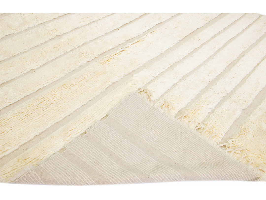 Modern Moroccan Style Handmade Beige Striped Wool Rug