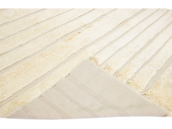 Modern Moroccan Style Handmade Beige Striped Wool Rug