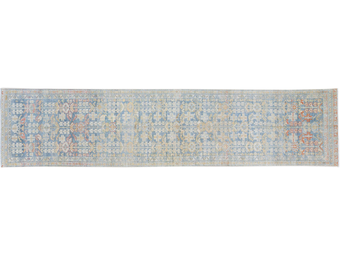 Vintage Malayer Handmade Medallion Floral Distressed Blue Wool Runner