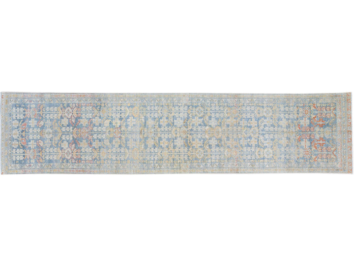 Vintage Malayer Handmade Medallion Floral Distressed Blue Wool Runner