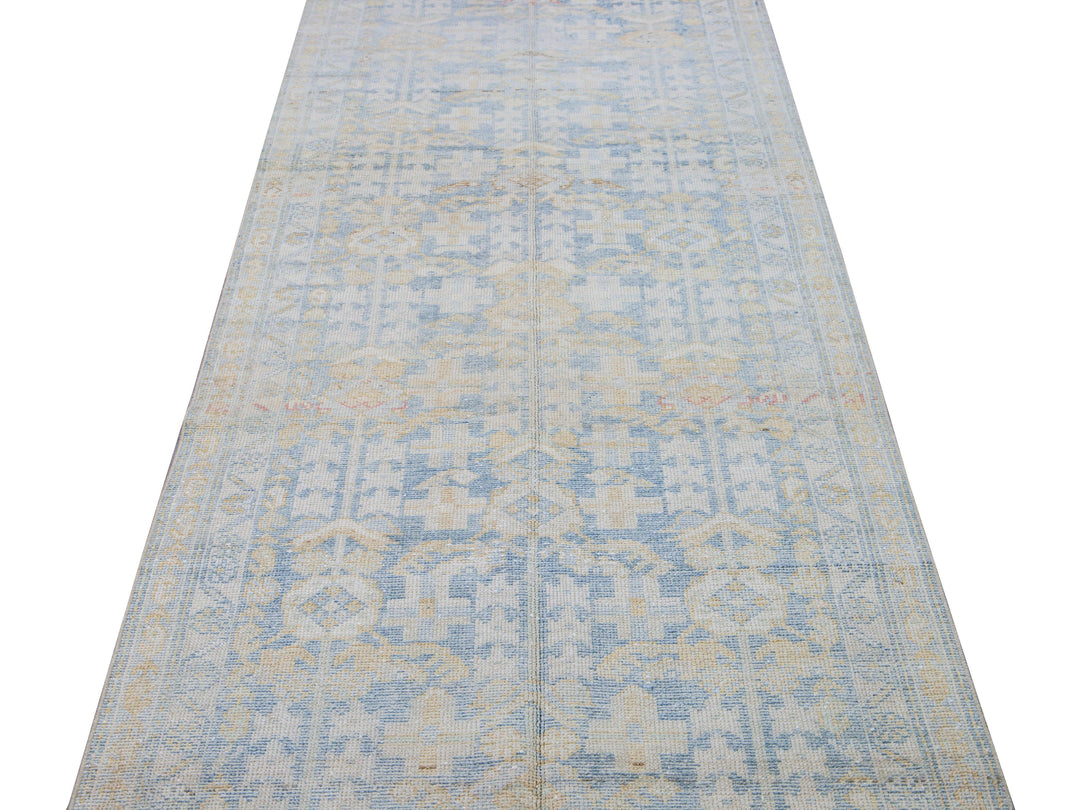 Vintage Malayer Handmade Medallion Floral Distressed Blue Wool Runner