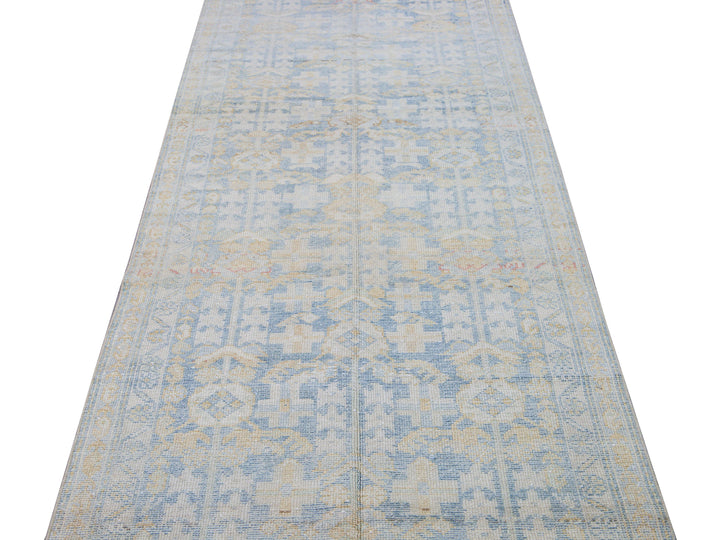 Vintage Malayer Handmade Medallion Floral Distressed Blue Wool Runner