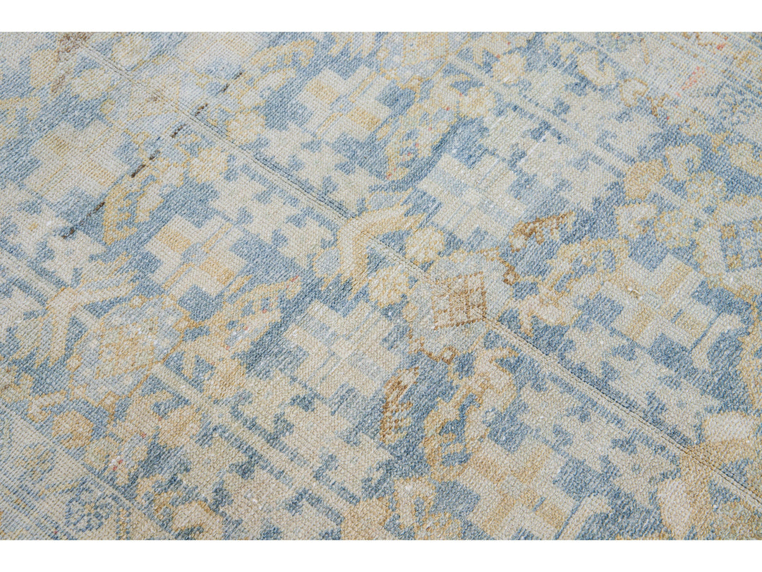 Vintage Malayer Handmade Medallion Floral Distressed Blue Wool Runner